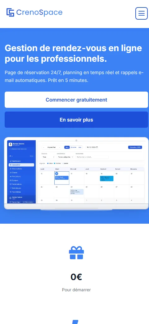 Version mobile du projet CrenoSpace - SaaS de réservation en ligne