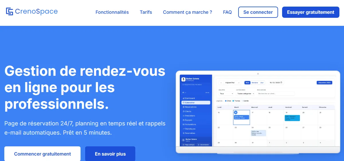 Capture d'écran du projet CrenoSpace - SaaS de réservation en ligne
