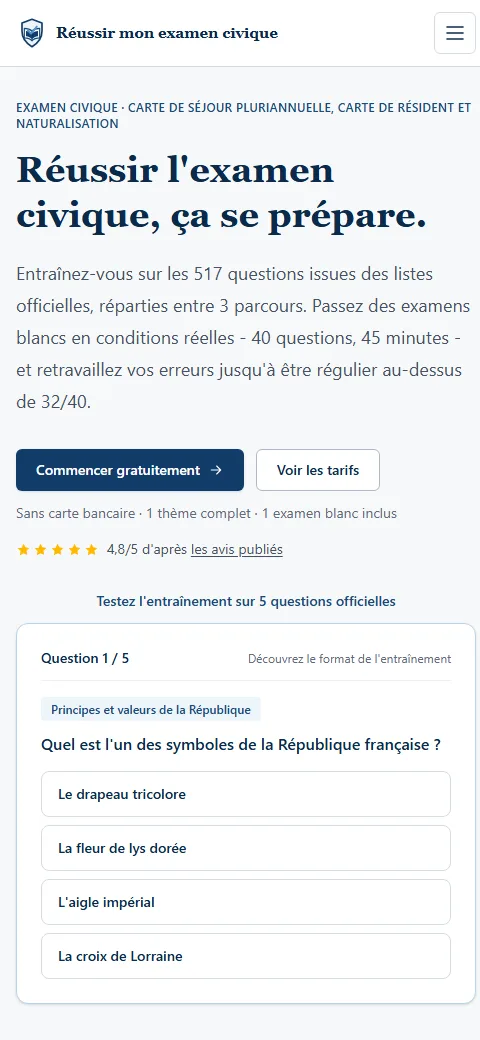 Version mobile du projet Réussir mon examen civique - Plateforme d'entraînement