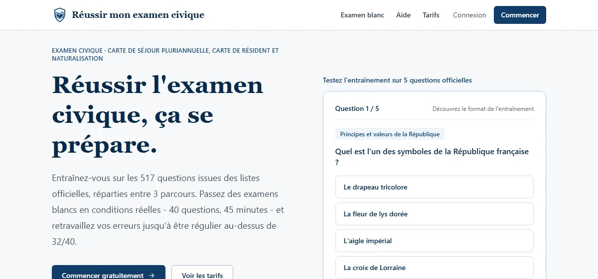Réussir mon examen civique - Plateforme d'entraînement, site livré et en ligne - capture d'écran réelle
